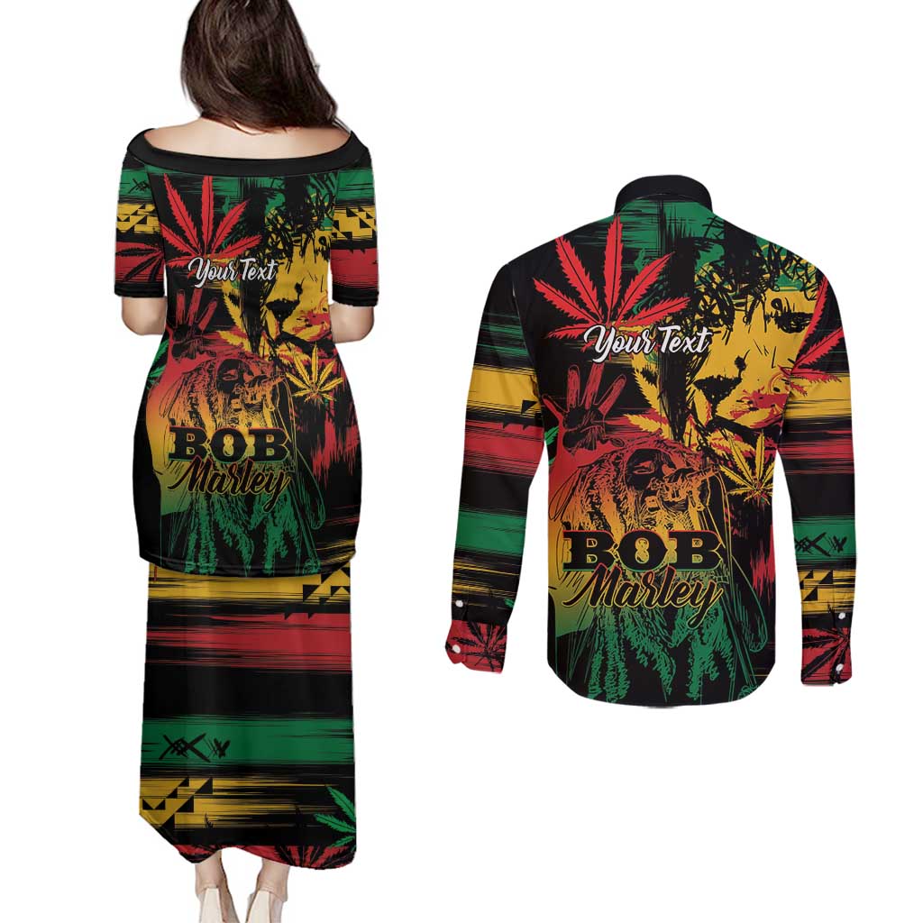 Personalized Reggae King Marley One Love Couples Matching Puletasi and Long Sleeve Button Shirt Rastafarian Lion Grunge