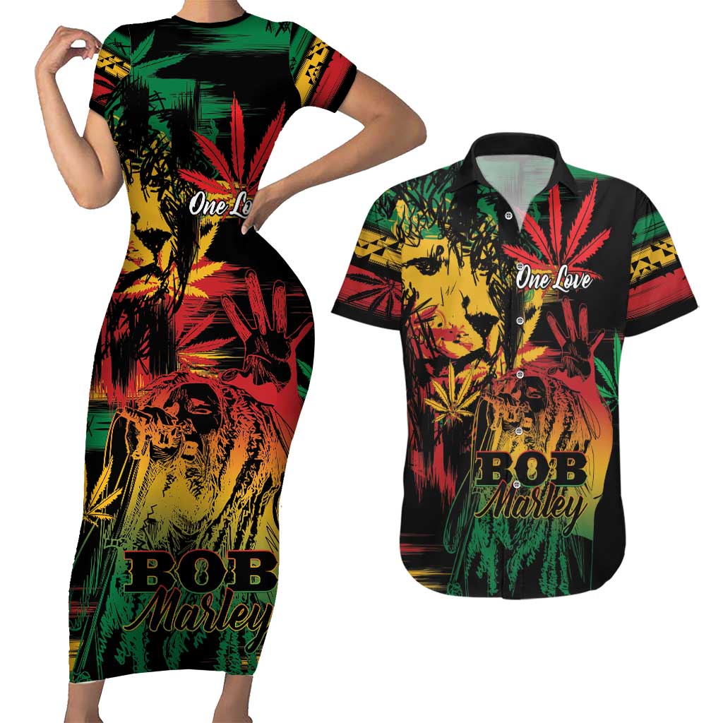 Personalized Reggae King Marley One Love Couples Matching Short Sleeve Bodycon Dress and Hawaiian Shirt Rastafarian Lion Grunge