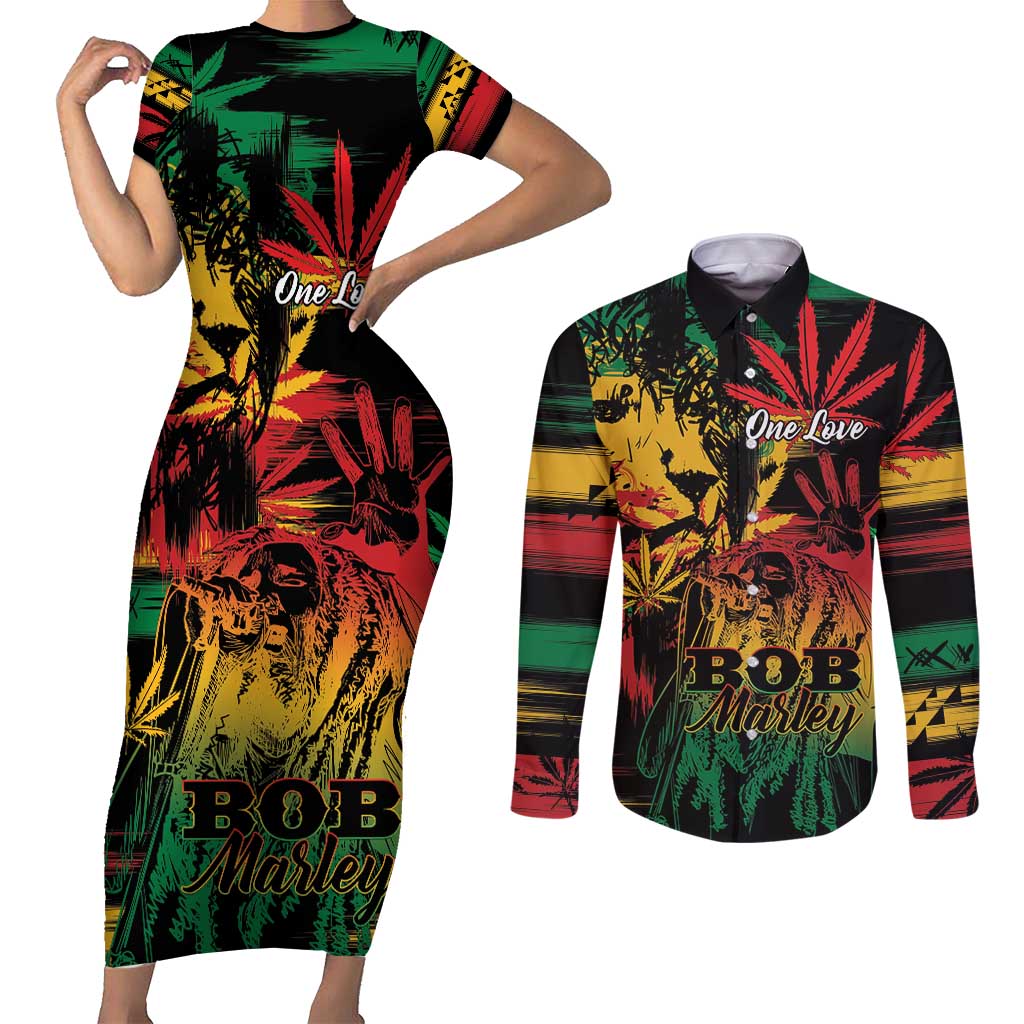 Personalized Reggae King Marley One Love Couples Matching Short Sleeve Bodycon Dress and Long Sleeve Button Shirt Rastafarian Lion Grunge