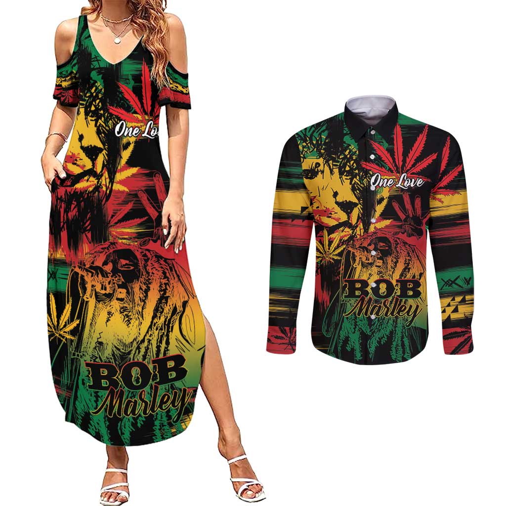 Personalized Reggae King Marley One Love Couples Matching Summer Maxi Dress and Long Sleeve Button Shirt Rastafarian Lion Grunge