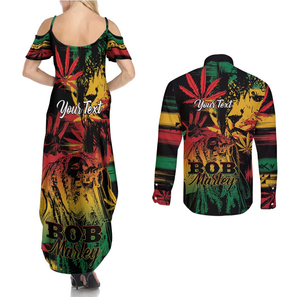 Personalized Reggae King Marley One Love Couples Matching Summer Maxi Dress and Long Sleeve Button Shirt Rastafarian Lion Grunge