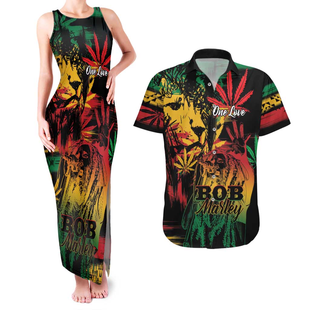 Personalized Reggae King Marley One Love Couples Matching Tank Maxi Dress and Hawaiian Shirt Rastafarian Lion Grunge