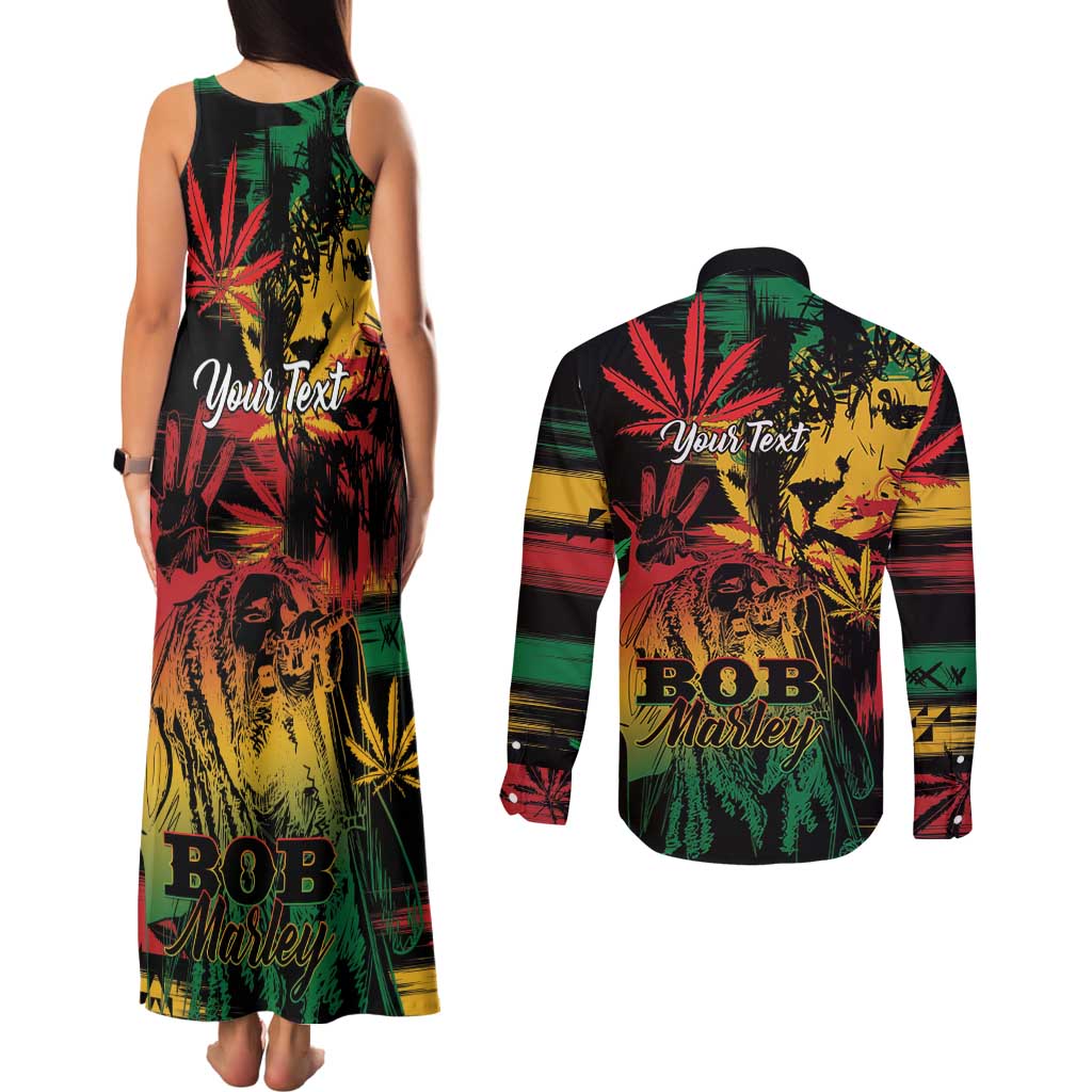 Personalized Reggae King Marley One Love Couples Matching Tank Maxi Dress and Long Sleeve Button Shirt Rastafarian Lion Grunge