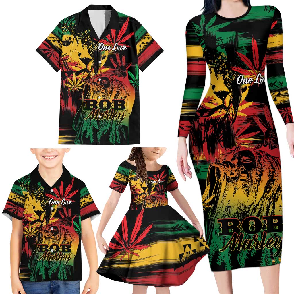 Personalized Reggae King Marley One Love Family Matching Long Sleeve Bodycon Dress and Hawaiian Shirt Rastafarian Lion Grunge