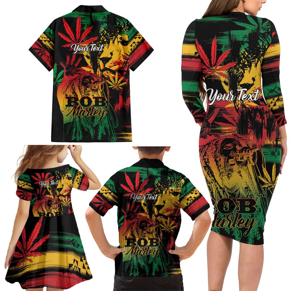 Personalized Reggae King Marley One Love Family Matching Long Sleeve Bodycon Dress and Hawaiian Shirt Rastafarian Lion Grunge