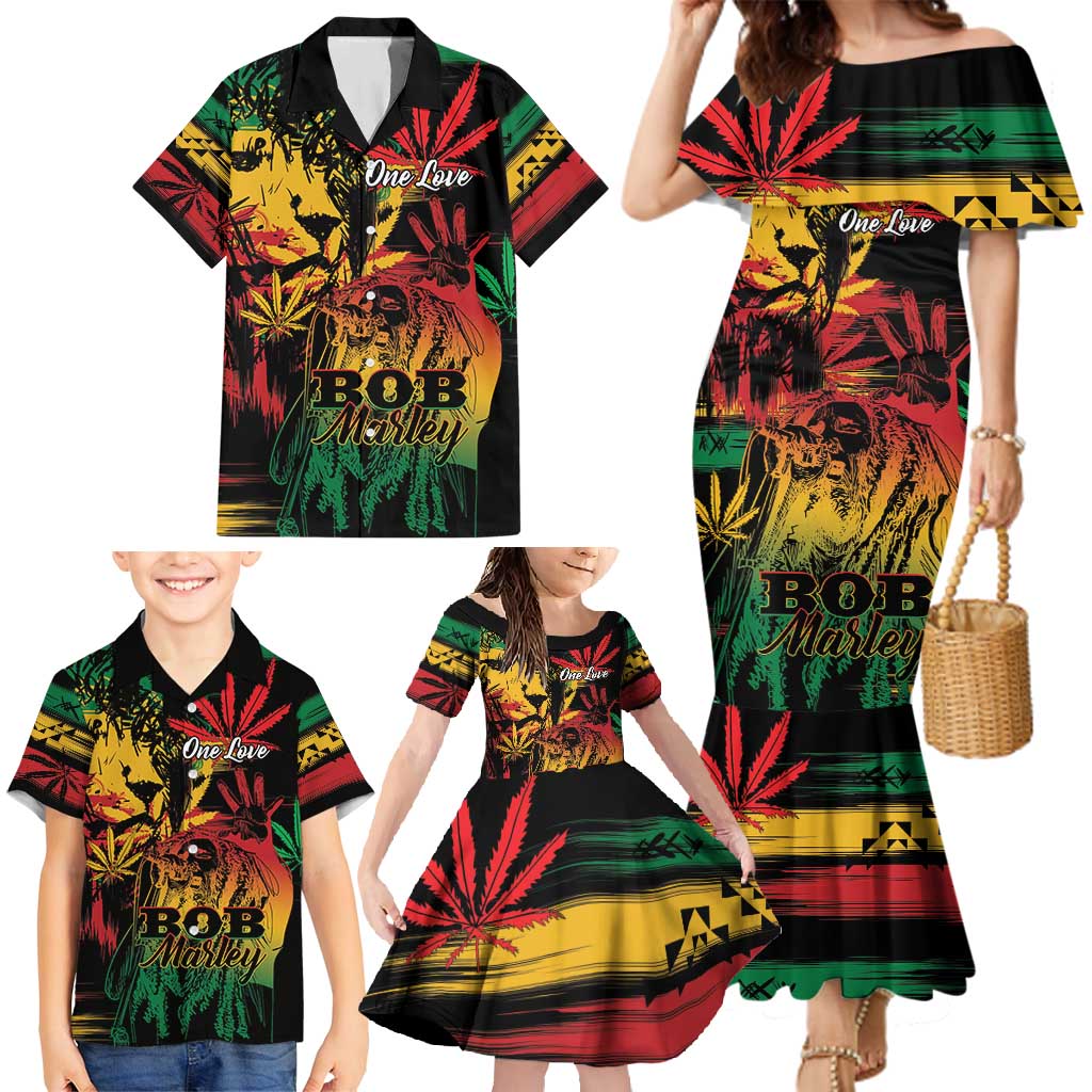 Personalized Reggae King Marley One Love Family Matching Mermaid Dress and Hawaiian Shirt Rastafarian Lion Grunge