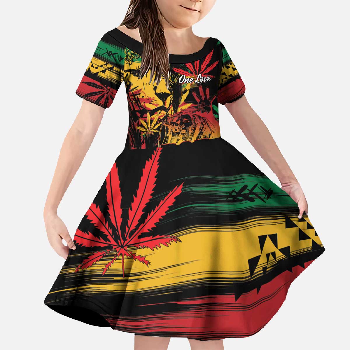 Personalized Reggae King Marley One Love Family Matching Off The Shoulder Long Sleeve Dress and Hawaiian Shirt Rastafarian Lion Grunge