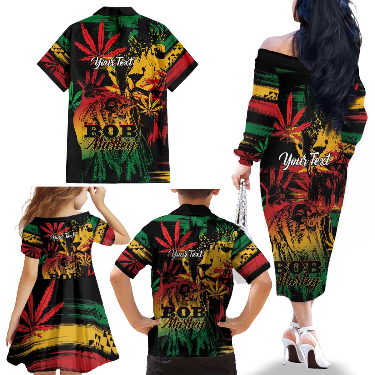 Personalized Reggae King Marley One Love Family Matching Off The Shoulder Long Sleeve Dress and Hawaiian Shirt Rastafarian Lion Grunge
