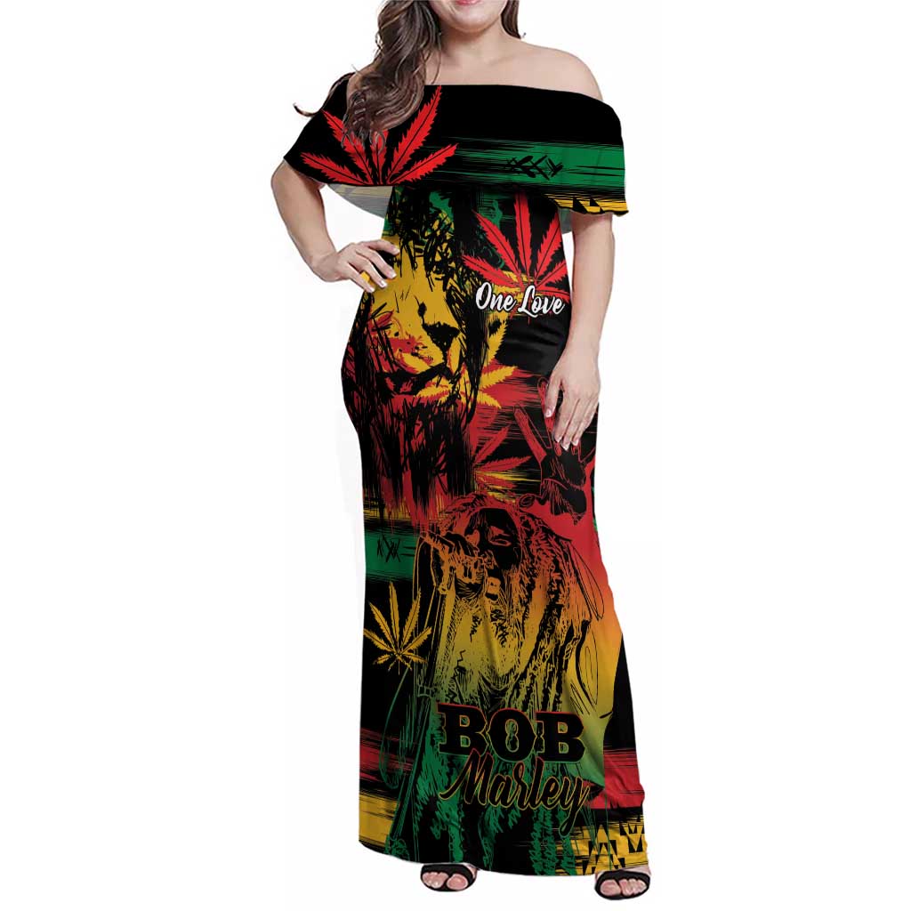 Personalized Reggae King Marley One Love Family Matching Off Shoulder Maxi Dress and Hawaiian Shirt Rastafarian Lion Grunge