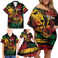 Personalized Reggae King Marley One Love Family Matching Off Shoulder Short Dress and Hawaiian Shirt Rastafarian Lion Grunge