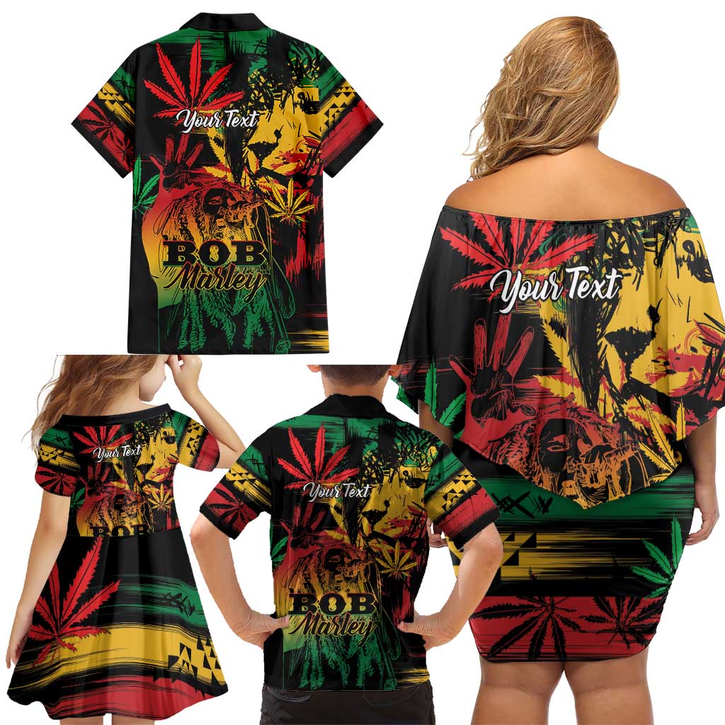 Personalized Reggae King Marley One Love Family Matching Off Shoulder Short Dress and Hawaiian Shirt Rastafarian Lion Grunge