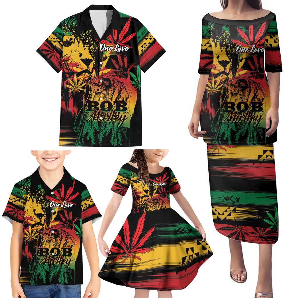 Personalized Reggae King Marley One Love Family Matching Puletasi and Hawaiian Shirt Rastafarian Lion Grunge