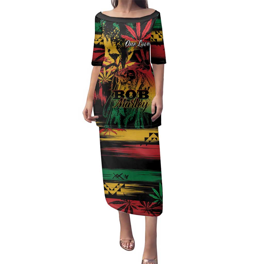 Personalized Reggae King Marley One Love Family Matching Puletasi and Hawaiian Shirt Rastafarian Lion Grunge