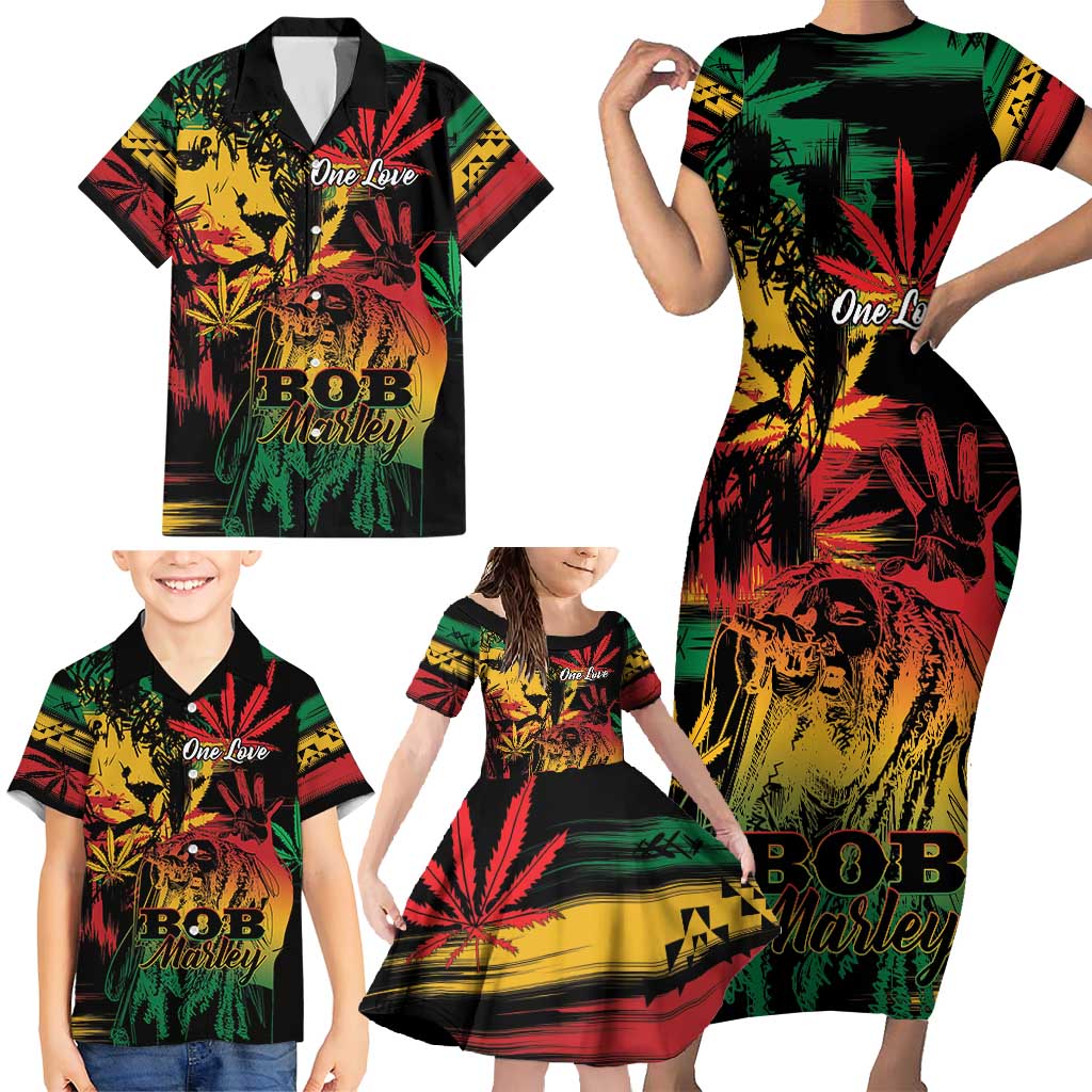 Personalized Reggae King Marley One Love Family Matching Short Sleeve Bodycon Dress and Hawaiian Shirt Rastafarian Lion Grunge