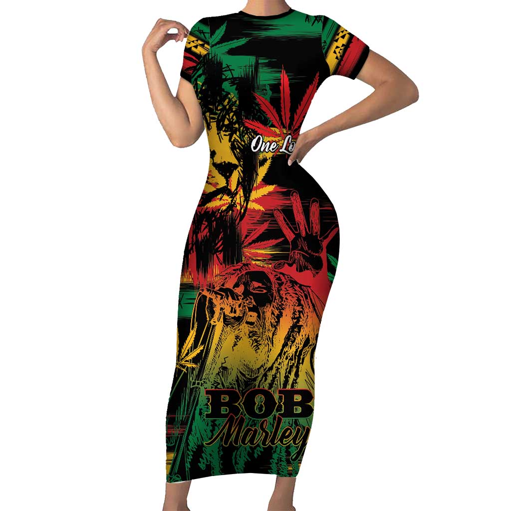 Personalized Reggae King Marley One Love Family Matching Short Sleeve Bodycon Dress and Hawaiian Shirt Rastafarian Lion Grunge