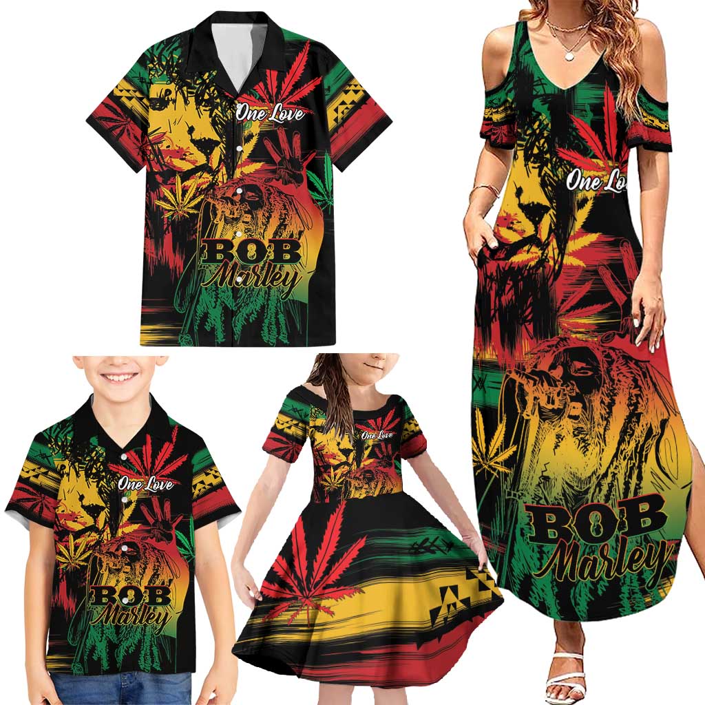 Personalized Reggae King Marley One Love Family Matching Summer Maxi Dress and Hawaiian Shirt Rastafarian Lion Grunge
