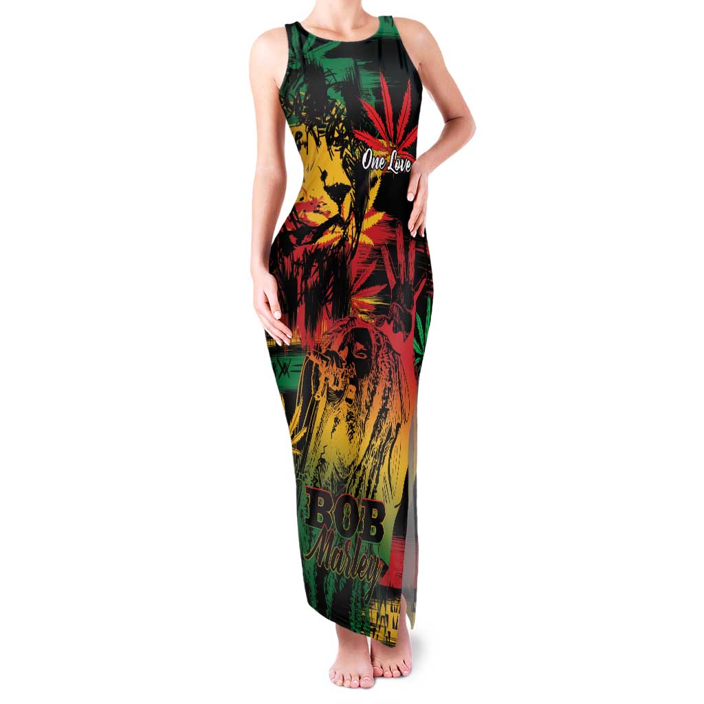 Personalized Reggae King Marley One Love Family Matching Tank Maxi Dress and Hawaiian Shirt Rastafarian Lion Grunge