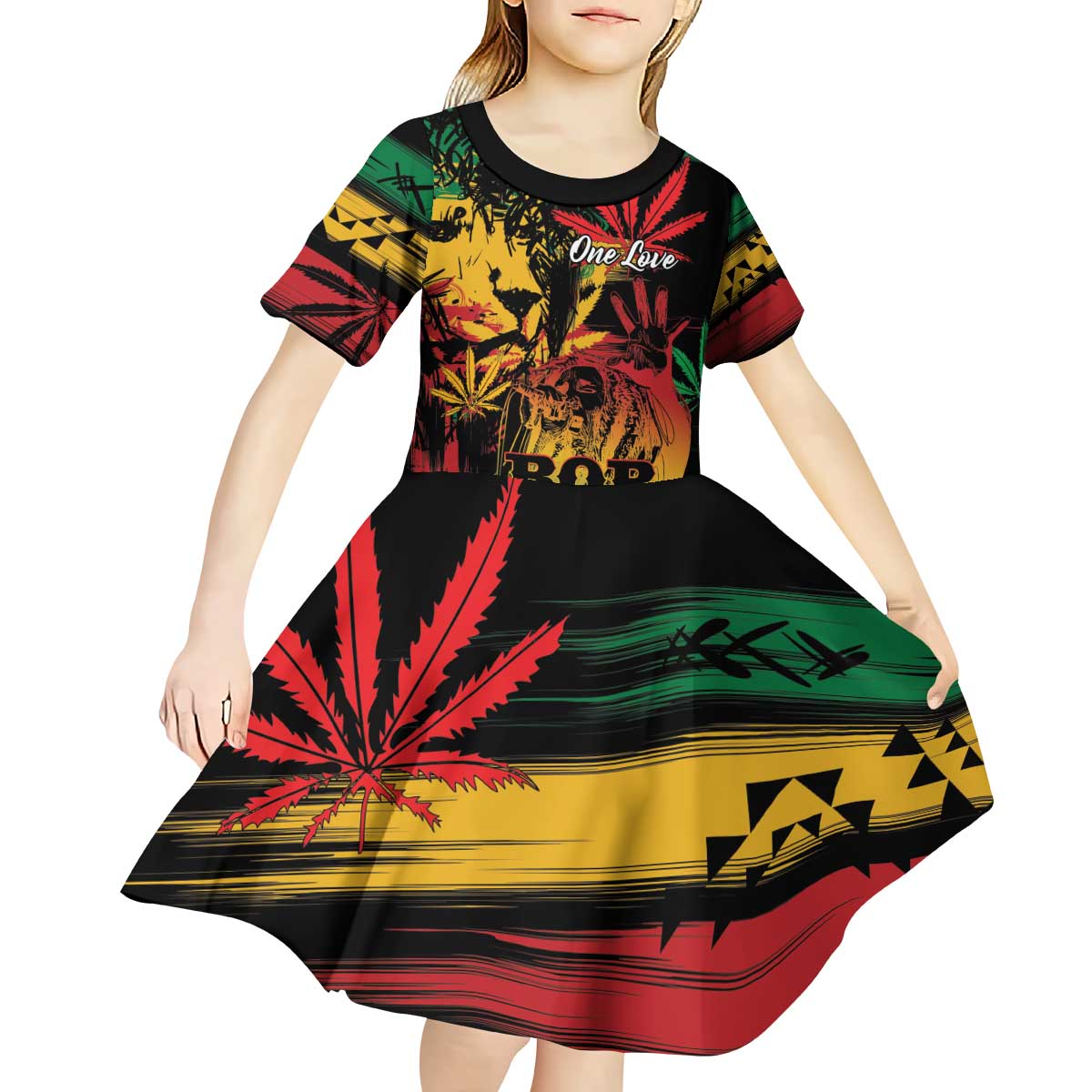 Personalized Reggae King Marley One Love Kid Short Sleeve Dress Rastafarian Lion Grunge