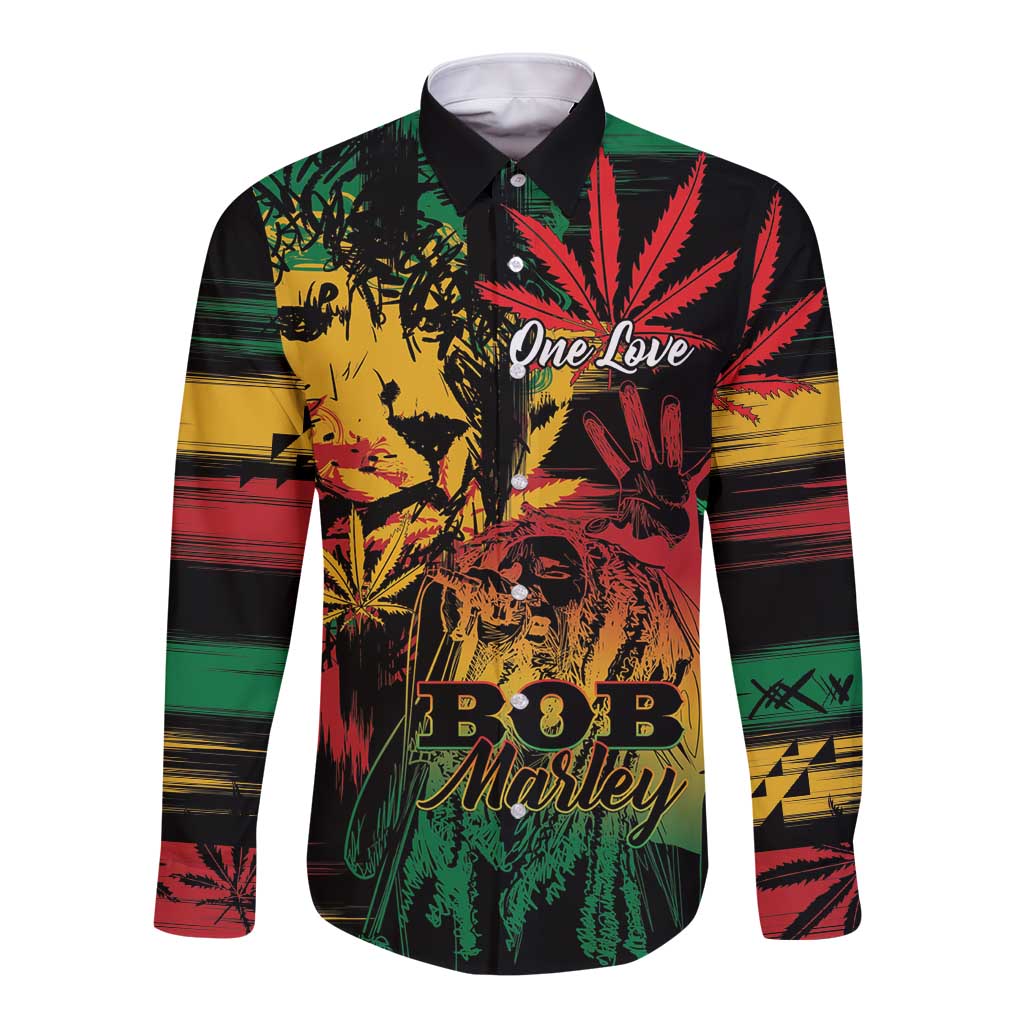 Personalized Reggae King Marley One Love Long Sleeve Button Shirt Rastafarian Lion Grunge