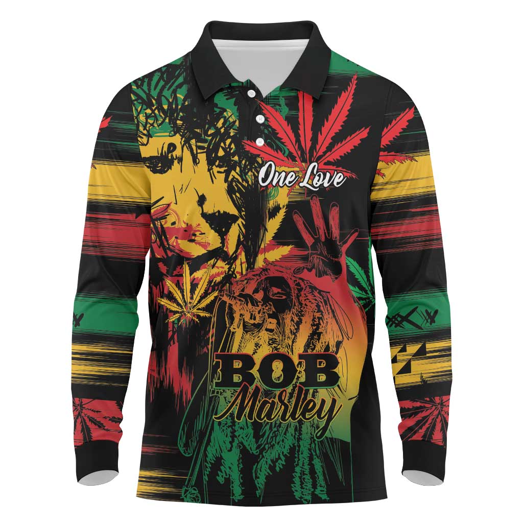 Personalized Reggae King Marley One Love Long Sleeve Polo Shirt Rastafarian Lion Grunge