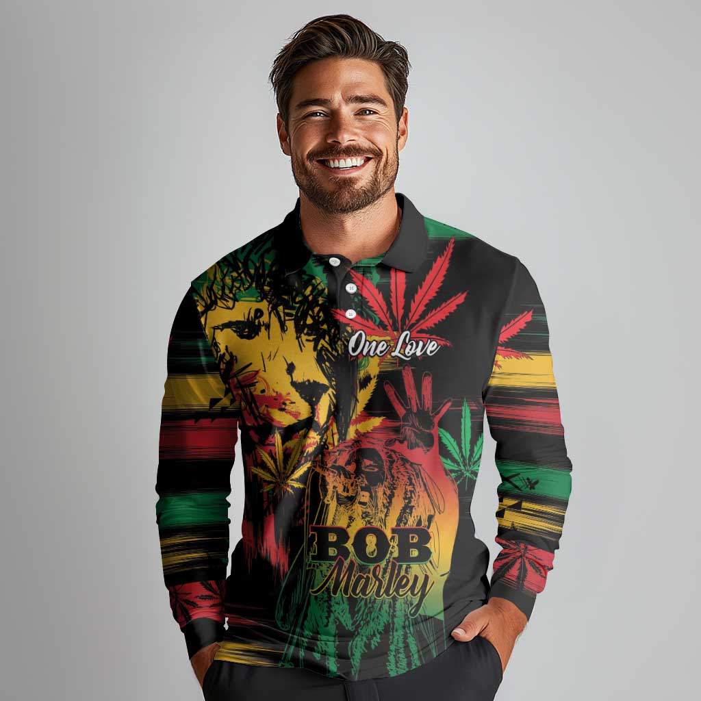 Personalized Reggae King Marley One Love Long Sleeve Polo Shirt Rastafarian Lion Grunge