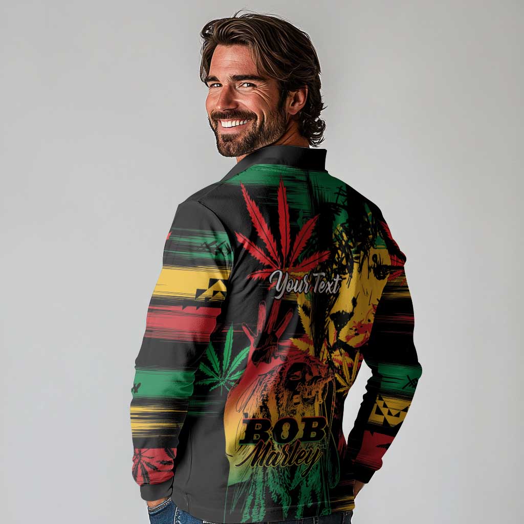 Personalized Reggae King Marley One Love Long Sleeve Polo Shirt Rastafarian Lion Grunge