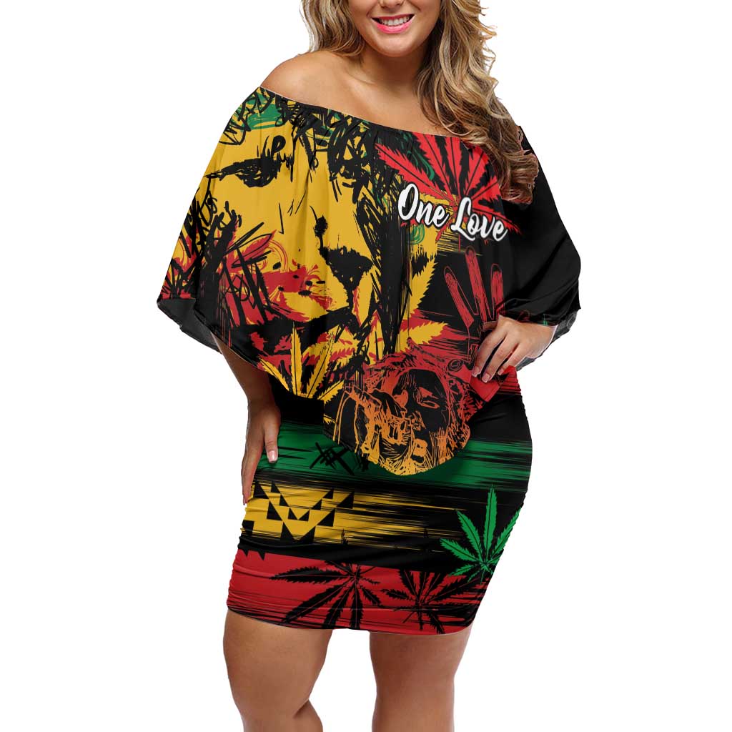 Personalized Reggae King Marley One Love Off Shoulder Short Dress Rastafarian Lion Grunge