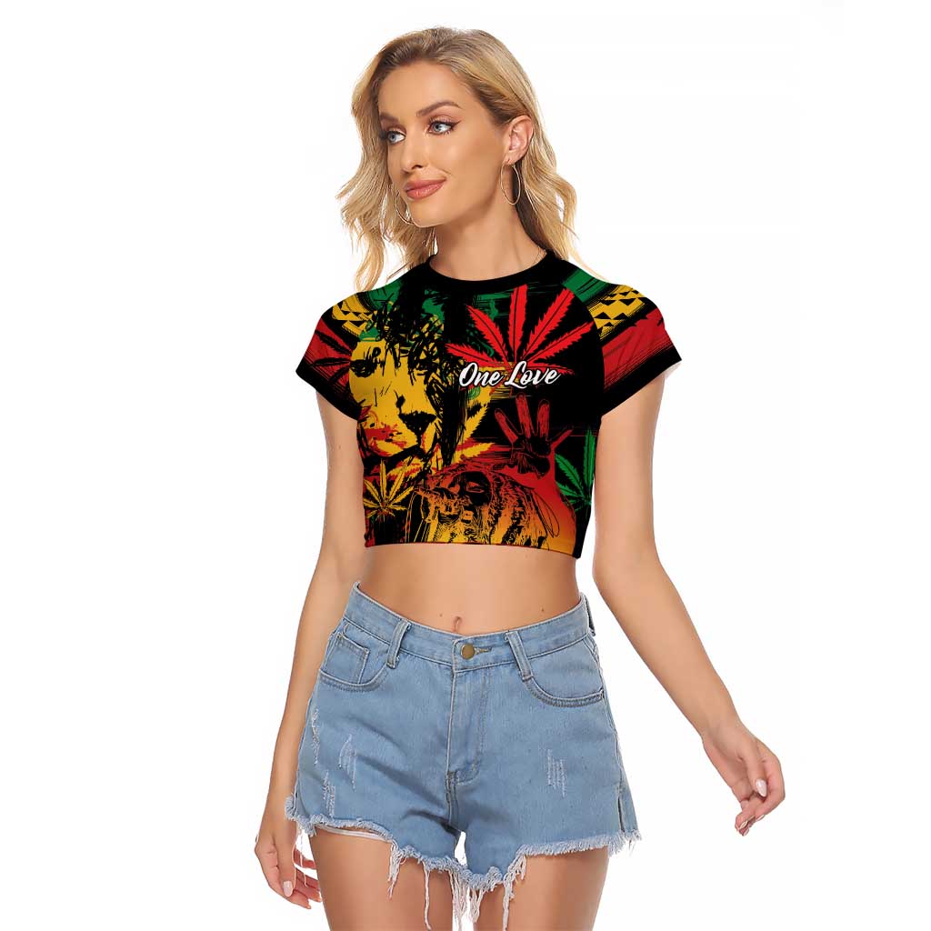 Personalized Reggae King Marley One Love Raglan Cropped T Shirt Rastafarian Lion Grunge - Wonder Print Shop