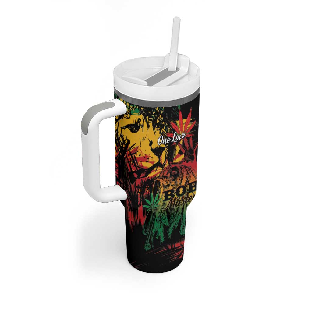 Personalized Reggae King Marley One Love Tumbler With Handle Rastafarian Lion Grunge - Wonder Print Shop