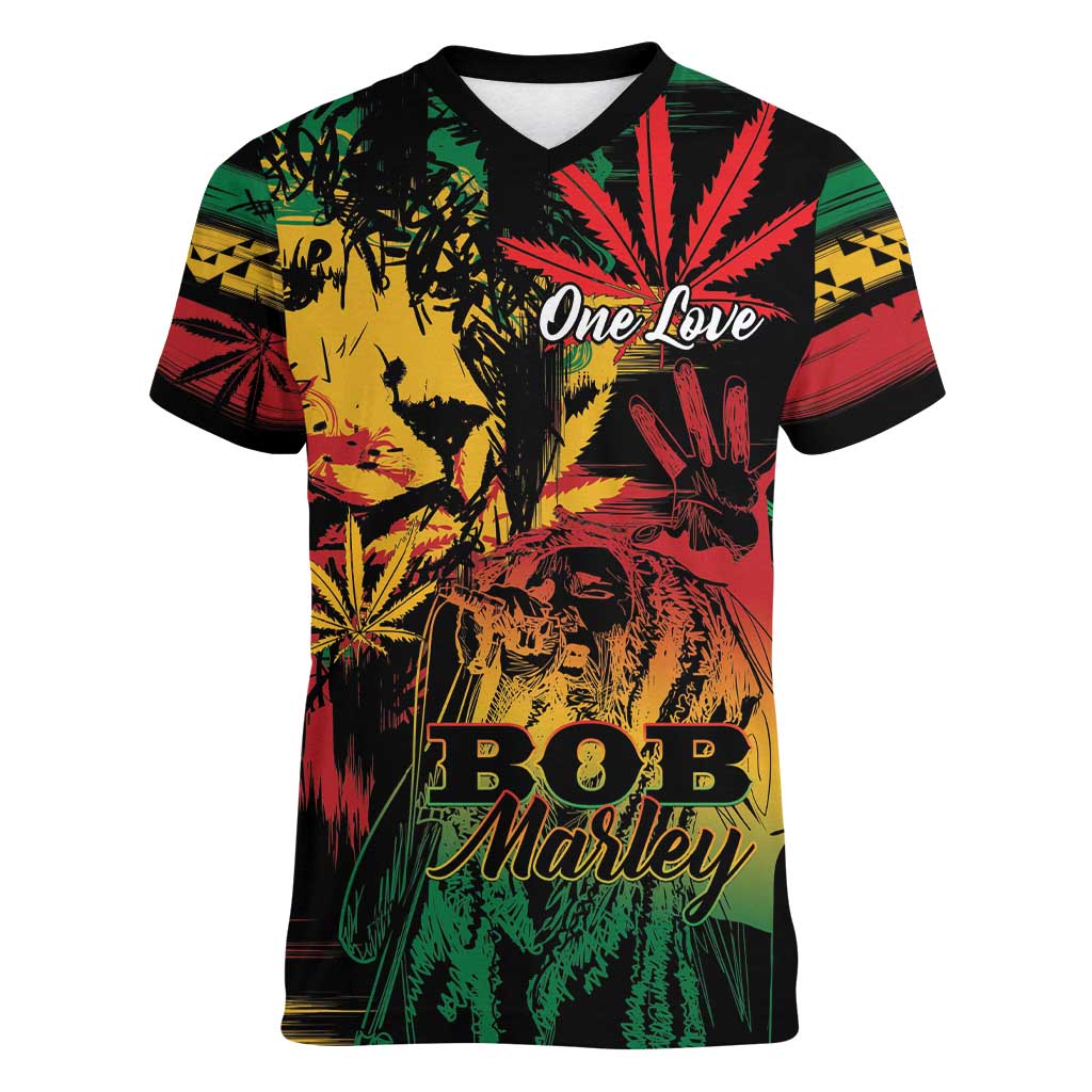 Personalized Reggae King Marley One Love Women V-Neck T-Shirt Rastafarian Lion Grunge - Wonder Print Shop