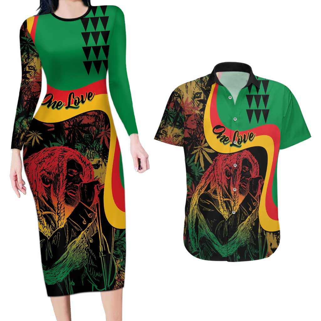 Personalized Legend Reggae Marley Couples Matching Long Sleeve Bodycon Dress and Hawaiian Shirt Kakau Jawaiian