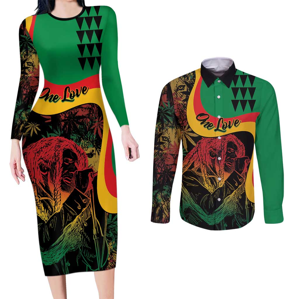 Personalized Legend Reggae Marley Couples Matching Long Sleeve Bodycon Dress and Long Sleeve Button Shirt Kakau Jawaiian