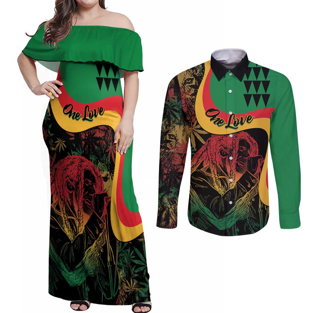 Personalized Legend Reggae Marley Couples Matching Off Shoulder Maxi Dress and Long Sleeve Button Shirt Kakau Jawaiian
