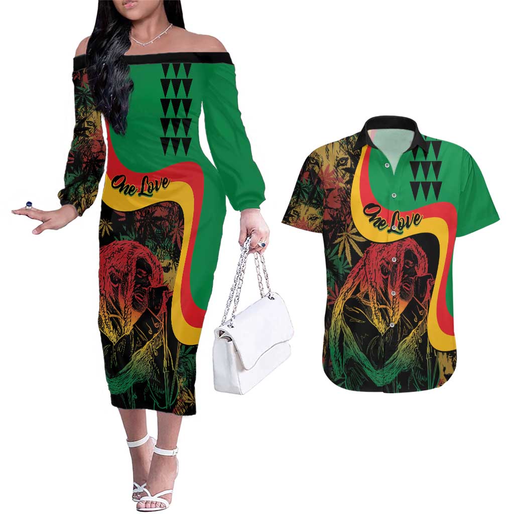 Personalized Legend Reggae Marley Couples Matching Off The Shoulder Long Sleeve Dress and Hawaiian Shirt Kakau Jawaiian