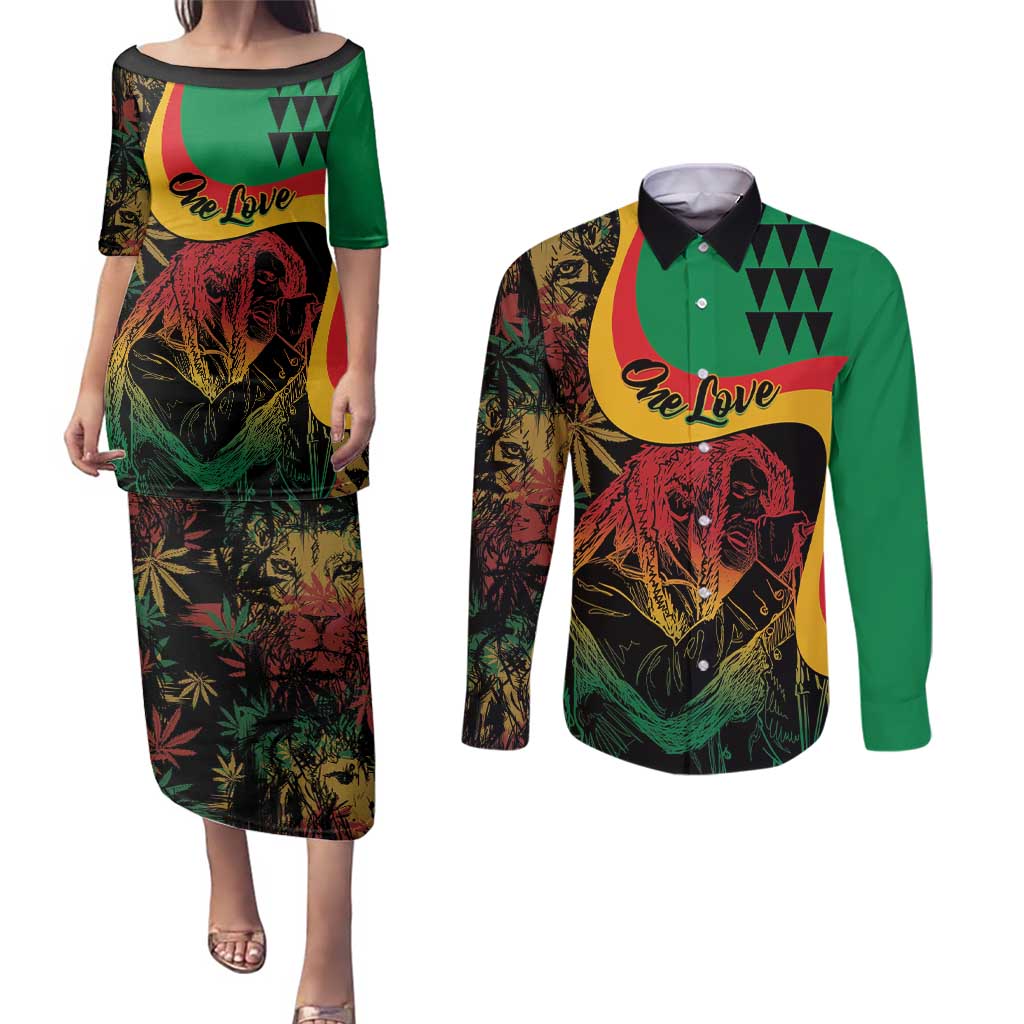 Personalized Legend Reggae Marley Couples Matching Puletasi and Long Sleeve Button Shirt Kakau Jawaiian