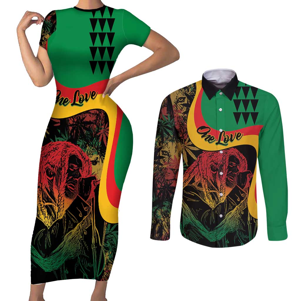 Personalized Legend Reggae Marley Couples Matching Short Sleeve Bodycon Dress and Long Sleeve Button Shirt Kakau Jawaiian