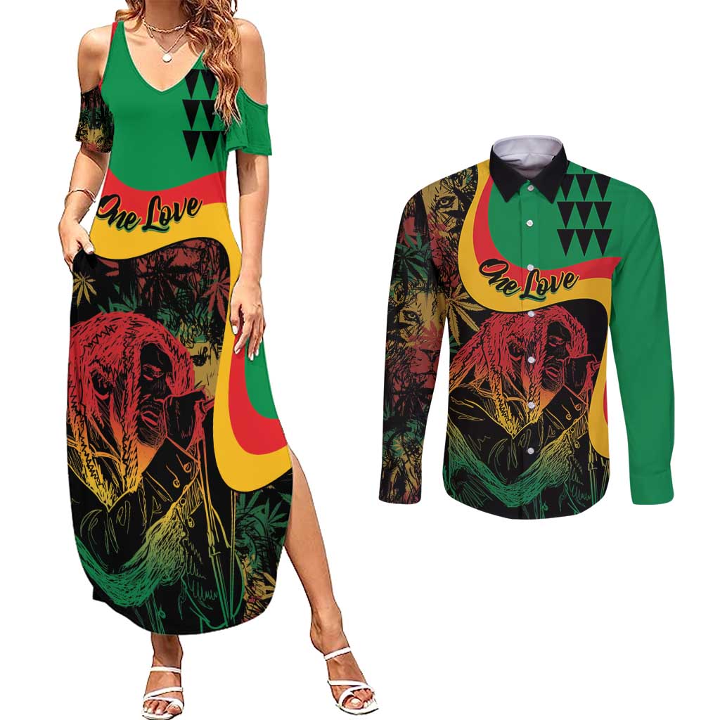 Personalized Legend Reggae Marley Couples Matching Summer Maxi Dress and Long Sleeve Button Shirt Kakau Jawaiian