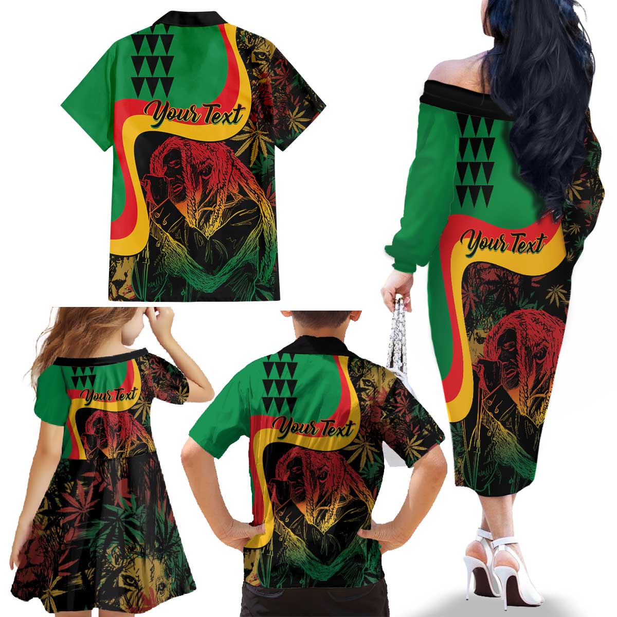 Personalized Legend Reggae Marley Family Matching Off The Shoulder Long Sleeve Dress and Hawaiian Shirt Kakau Jawaiian