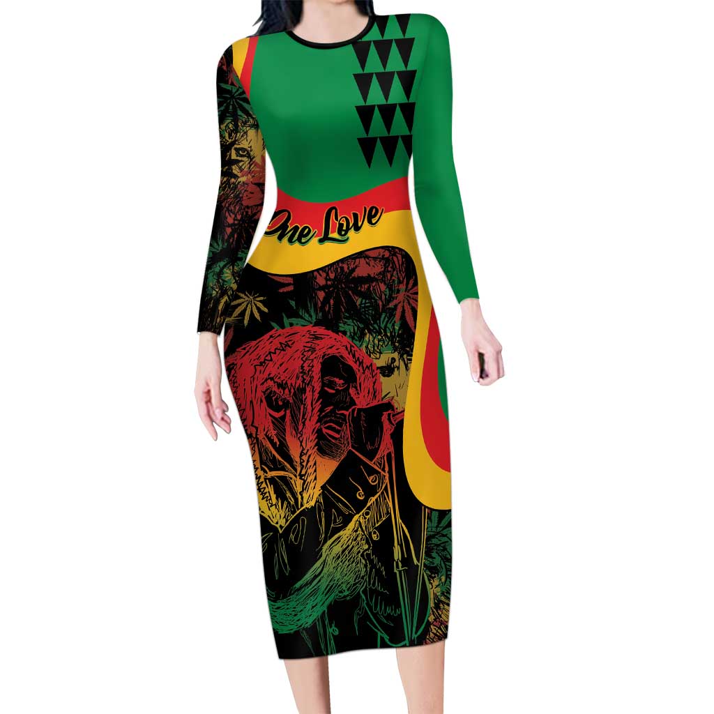Personalized Legend Reggae Marley Long Sleeve Bodycon Dress Kakau Jawaiian