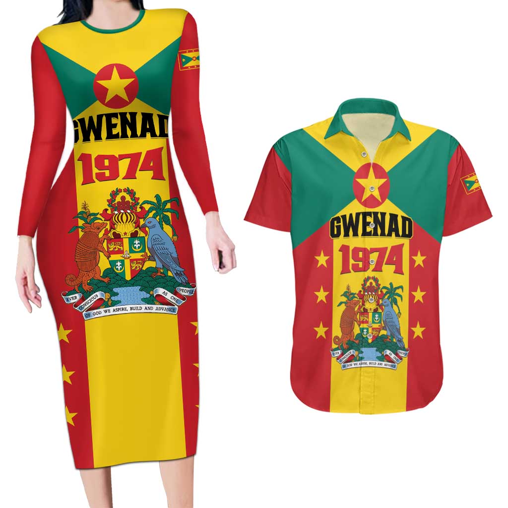 Personalized Gwenad Couples Matching Long Sleeve Bodycon Dress and Hawaiian Shirt Grenada Coat Of Arms Flag Style