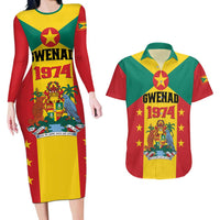 Personalized Gwenad Couples Matching Long Sleeve Bodycon Dress and Hawaiian Shirt Grenada Coat Of Arms Flag Style