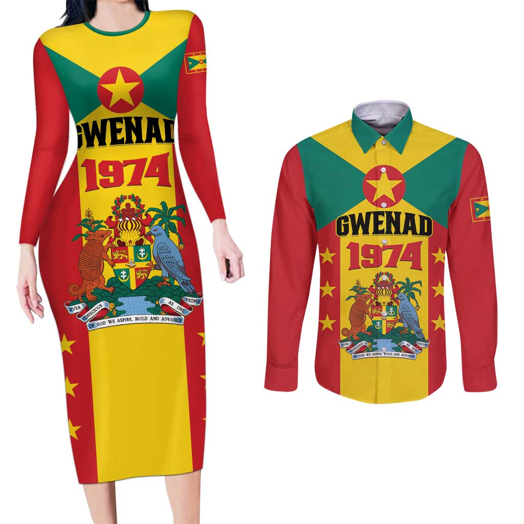 Personalized Gwenad Couples Matching Long Sleeve Bodycon Dress and Long Sleeve Button Shirt Grenada Coat Of Arms Flag Style
