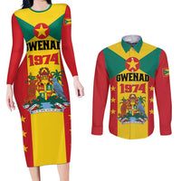 Personalized Gwenad Couples Matching Long Sleeve Bodycon Dress and Long Sleeve Button Shirt Grenada Coat Of Arms Flag Style