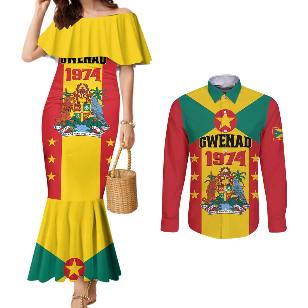 Personalized Gwenad Couples Matching Mermaid Dress and Long Sleeve Button Shirt Grenada Coat Of Arms Flag Style