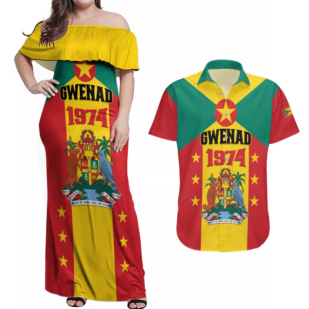 Personalized Gwenad Couples Matching Off Shoulder Maxi Dress and Hawaiian Shirt Grenada Coat Of Arms Flag Style