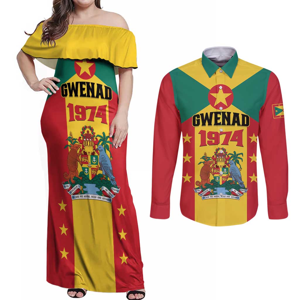 Personalized Gwenad Couples Matching Off Shoulder Maxi Dress and Long Sleeve Button Shirt Grenada Coat Of Arms Flag Style
