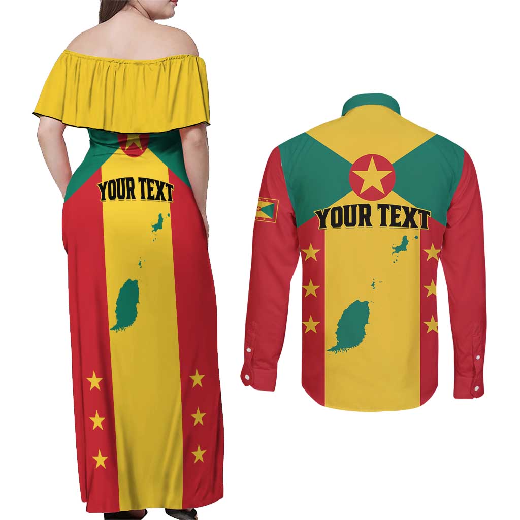 Personalized Gwenad Couples Matching Off Shoulder Maxi Dress and Long Sleeve Button Shirt Grenada Coat Of Arms Flag Style