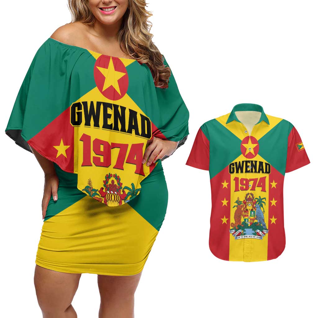 Personalized Gwenad Couples Matching Off Shoulder Short Dress and Hawaiian Shirt Grenada Coat Of Arms Flag Style