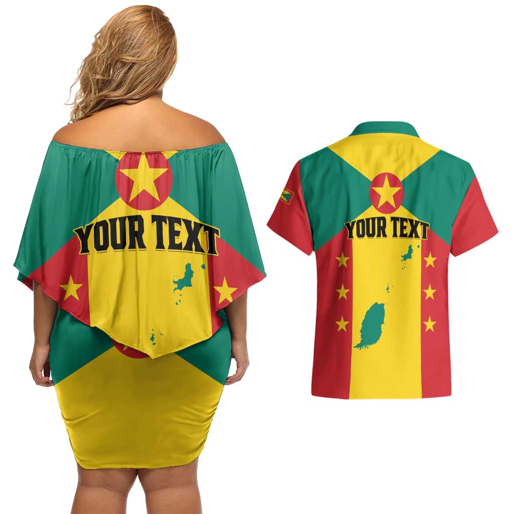 Personalized Gwenad Couples Matching Off Shoulder Short Dress and Hawaiian Shirt Grenada Coat Of Arms Flag Style