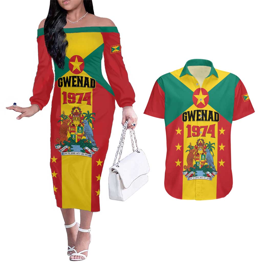 Personalized Gwenad Couples Matching Off The Shoulder Long Sleeve Dress and Hawaiian Shirt Grenada Coat Of Arms Flag Style